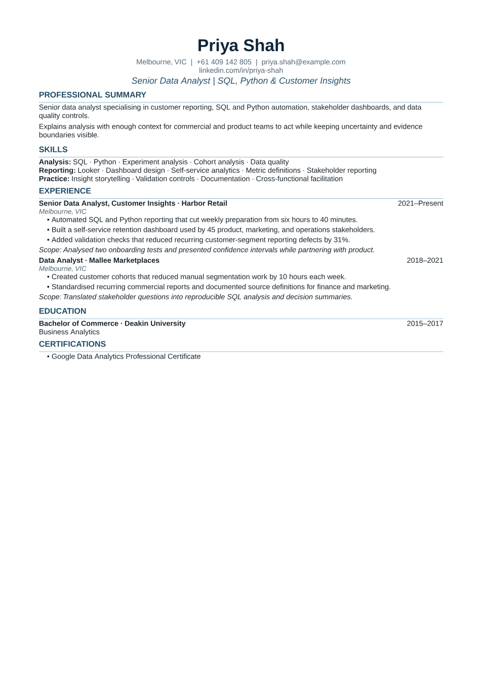 Senior customer insights data analyst resume example: first page of the fictional NextResume PDF sample