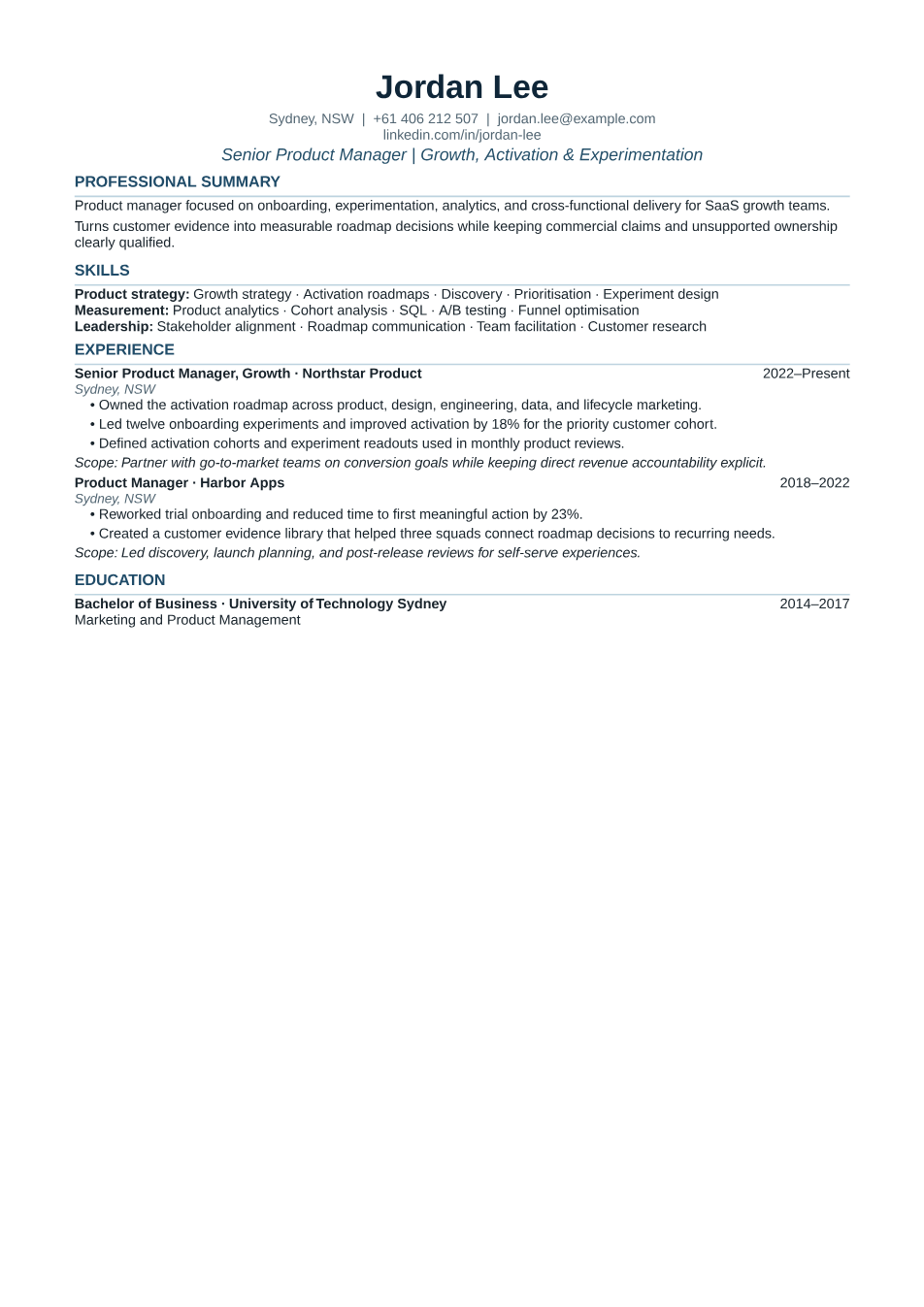 Senior growth product manager resume example: first page of the fictional NextResume PDF sample