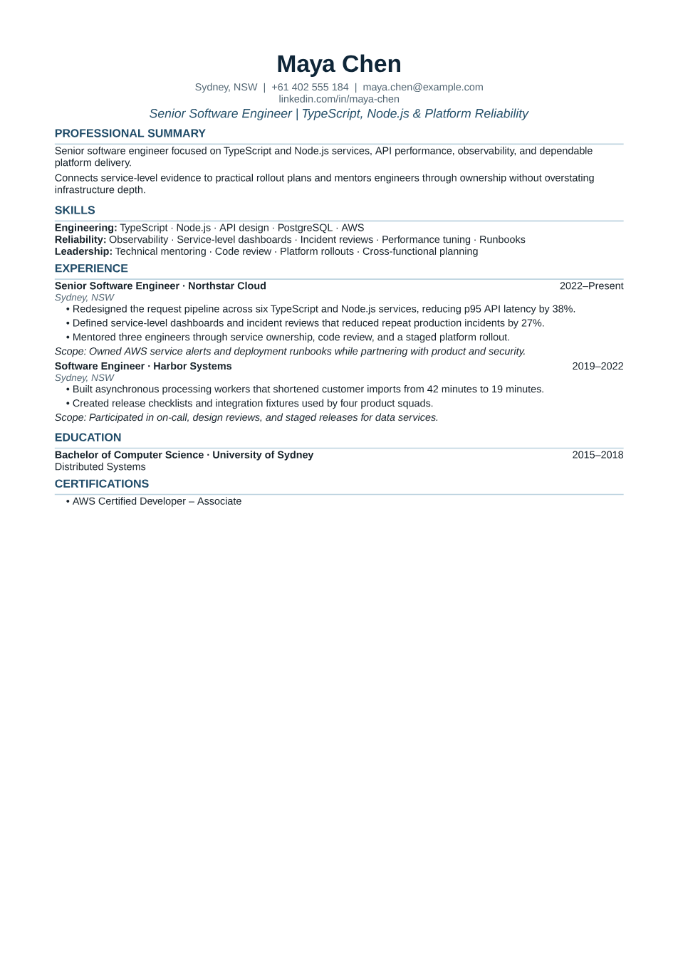 Senior platform software engineer resume example: first page of the fictional NextResume PDF sample